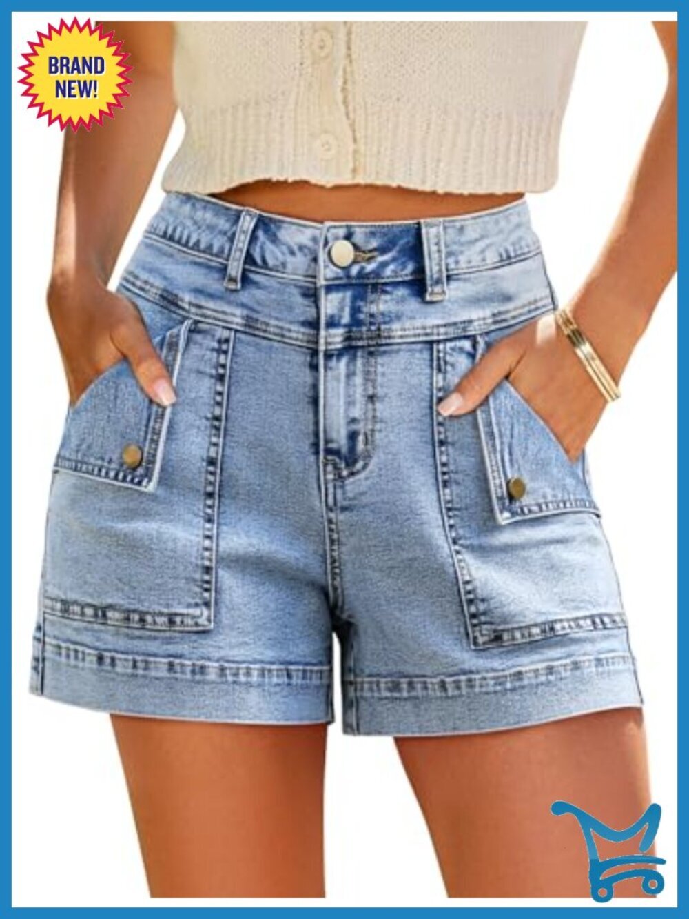 High Waist Stretchy Wide Leg Cargo Denim Shorts with Pockets
